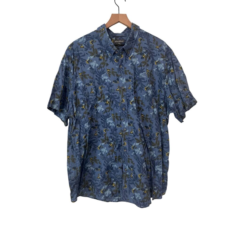 Eddie Bauer Mens Short Sleeve Button Down Blue Floral Print Shirt Size 2XL